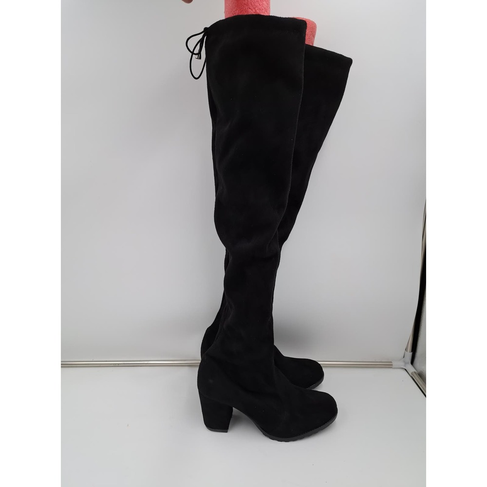 NWOT B Black Faux Suede Thigh High Low Heel Inside Zip Back Tie Boots 39 8-8.5